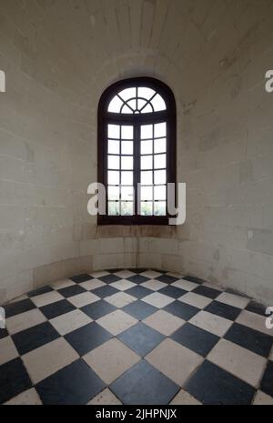 Fenster mit Blick auf den Fluss Cher in der Medici-Galerie im Chateau de Chenonceau im Loire-Tal, Zentralfrankreich. Stockfoto