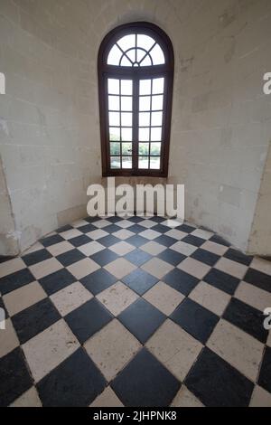 Fenster mit Blick auf den Fluss Cher in der Medici-Galerie im Chateau de Chenonceau im Loire-Tal, Zentralfrankreich. Stockfoto