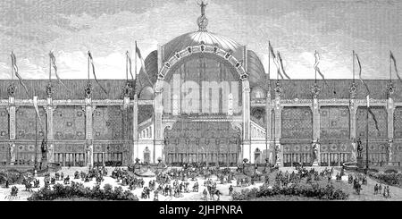 Die Pariser Weltausstellung, auf Französisch Exposition Universelle genannt, fand vom 1. Mai bis zum 10. November 1878 statt, der Palast auf dem CHAMP de Mars / Paris World's Fair, genannt eine Ausstellung Universelle in Französisch, fand vom 1. Mai bis 10. November 1878 statt, der Palast auf dem CHAMP de Mars, Historisch, digital restaurierte Reproduktion einer Originalvorlage aus dem 19. Jahrhundert, das Originaldatum nicht bekannt, Stockfoto