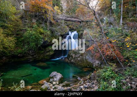 Wunderschöne Herbstszene. Die Herbstfarben sehen in den tiefen Wäldern toll aus. Blick auf einen Wasserfall im Herbst. Die Herbstfarben verleihen dem Wald eine erstaunliche Schönheit Stockfoto
