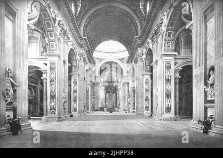 Historisches Foto (ca 1880) des Innenraums der päpstlichen Basilika St. Peter im Vatikan, Basilica Papale di San Pietro in Vaticano oder Petersdom, einer italienischen Renaissancekirche in der Vatikanstadt, der päpstlichen Enklave innerhalb der Stadt Rom, Italien / Historisches Foto von innen der päpstlichen Basilika St. Peter im Vatikan, Basilica Papale di San Pietro in Vaticano, Oder St. Peter's Basilica, eine italienische Renaissance-Kirche in Vatikanstadt, der päpstlichen Enklave innerhalb der Stadt Rom, Italien, Historisch, digital restaurierte Produktion einer Originalvorlage aus dem 19. Jahrhunde Stockfoto