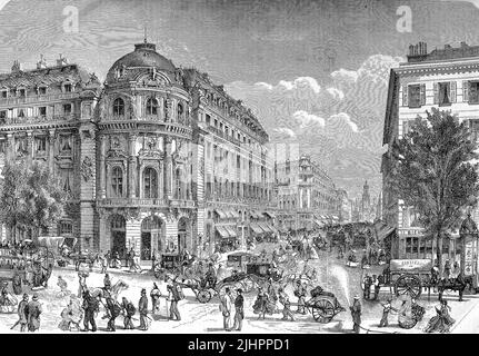 Verkehr und Menschen in der Straße Boulevard des Capucines, Chaussee d' Antin und das neue Theater in Paris, Frankreich, Theatre du Vaudeville 1869, später Paramount Opera Filme und Gaumont Opera / Traffic and People in the Street Boulevard des Capucines, Chaussee d' Antin und das neue Theater in Paris, Frankreich, Theatre du Vaudeville 1869, später Paramount Opera Movies und Gaumont Opera, Historisch, digital restaurierte Reproduktion einer Originalvorlage aus dem 19. Jahrhundert, das Originaldatum nicht bekannt, Stockfoto