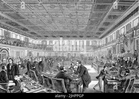 Das Repräsentantenhaus in Washington, Amerika, Johnsons Amtsleitungsverfahren im Senat der Vereinigten Staaten, Andrew Johnson, 1808 - 1875, der 17. Präsident der Vereinigten Staaten / The House of Representatives in Washington, America, Johnson's Impeachment Trial in the United States Senate, Andrew Johnson, 1808 - 1875, the 17. President of the United States, Historisch, digital restaurierte Reproduktion einer Originalvorlage aus dem 19. Jahrhundert, das Originaldatum nicht bekannt, Stockfoto