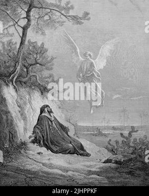 Prophet Elia oder Elias und der Engel, Situationen der Bibel / Prophet Elia or Elias and the Angel, sitations of the bible, Historisch, digital restaurierte Produktion einer Originalvorlage aus dem 19. Jahrhundert, das Originaldatum nicht bekannt, Stockfoto