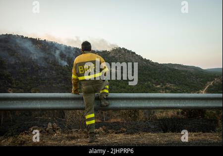 Spanien - Ávila - Cebreros - Brandwelle in Spanien - infolge der hohen Temperaturen und einer historischen Hitzewelle trafen viele Waldbrände auf der Iberischen Halbinsel. Die Brigaden und Feuerwehrleute versuchen heldenhaft, mit den Flammen umzugehen, die immer unantastbarer und schwer zu löschen werden. Stockfoto