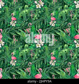 Tropisch, Palmblätter, Plumeria-Blüten, rosa Flamingo. Aquarelldarstellung. Nahtloses Muster, hell, Sommer, Strand. Für Stoff, Textilien Stockfoto