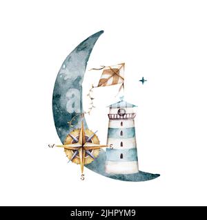 Mond, Leuchtturm, Drachen und Kompass Aquarell Illustration. Nachthimmel, Zeichen und Symbole, Stern. Gute Nacht Aquarell Zeichnung isoliert auf weiß Stockfoto