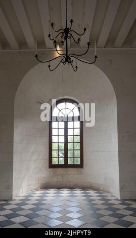 Fenster mit Blick auf den Fluss Cher in der Medici-Galerie im Chateau de Chenonceau im Loire-Tal, Zentralfrankreich. Stockfoto