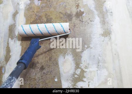 Die Gipskartonwand mit einer Walze mit einer Grundierung abdecken Stockfoto