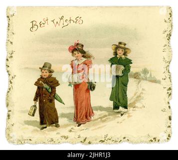 Original Edwardian Ära Weihnachtsgrüße Karte, viktorianische Weihnachtskarte. Begrüßung ist „Beste Wünsche“. Die Kinder sind im Stil der Regency-Zeit (Regency war 1811-1820) gekleidet, die im Schnee laufen, ähnliche Online-Postkarten, die in den USA verschickt wurden. Vom 1904 Stockfoto