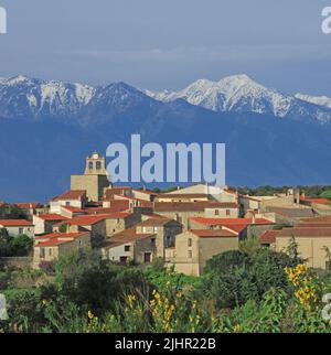 Frankreich, Pyrénées-Orientales (66) Arboussols, le Village, le Massiv des Pyrénées enneigé / Frankreich, Pyrénées-Orientales Arboussols, das Dorf, die verschneiten Pyrenäen Stockfoto