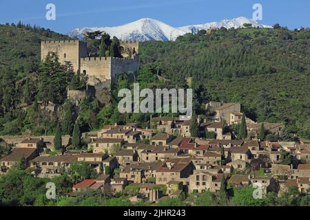 Frankreich, Pyrénées-Orientales (66) Castelnou, classé parmi les plus beaux Villages de France, au loin le Canigou / Frankreich, Pyrénées-Orientales Castelnou, klassifiziert zu den schönsten Dörfern Frankreichs, in der Ferne der Canigou Stockfoto