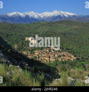 Frankreich, Pyrénées-Orientales (66) Castelnou, classé parmi les plus beaux Villages de France, au loin le Canigou / Frankreich, Pyrénées-Orientales Castelnou, klassifiziert zu den schönsten Dörfern Frankreichs, in der Ferne der Canigou Stockfoto