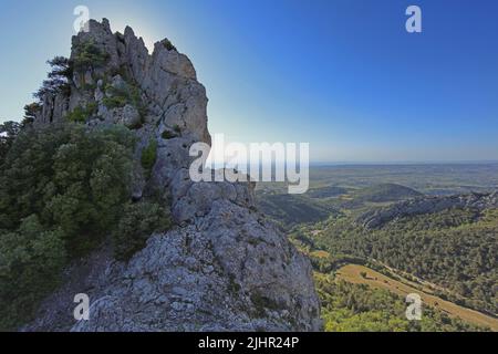 Frankreich, Vaucluse (84) Gigondas, Les Dentelles de Montmirail, falaises de Monts du Vaucluse au coeur du vignoble de l'Appellation Côtes-du-Rhône / Frankreich, Vaucluse Gigondas, Les Dentelles de Montmirail, Klippen von Monts du Vaucluse im Herzen der Weinberge der Appellation Côtes du Rhône Stockfoto