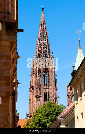 Beeindruckender Glockenturm des Münster in Freiburg, Baden-Württemberg, Deutschland. Stockfoto