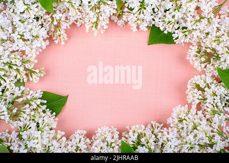 Rahmen aus weißen Fliederblumen auf einem rosa Hintergrund, Kopierraum Stockfoto