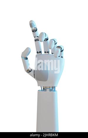 Roboterhand auf weißem Hintergrund isoliert. 3D Abbildung. Stockfoto
