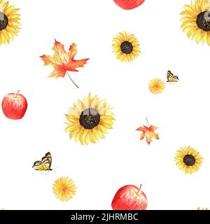 Aquarell-Herbstmuster. Eine Gartenkollektion im Herbst. Eine Reihe von Aquarell-Illustrationen, darunter Sonnenblumen, Ahornblätter, Äpfel, Ringelblume und b Stockfoto
