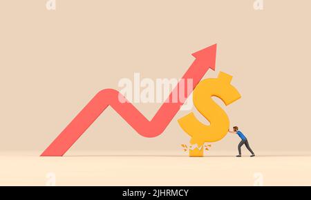 Das Dollarzeichen wird von der steigenden Inflation getroffen, die von einem Geschäftsmann gehalten wird. 3D Rendering Stockfoto