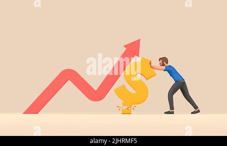Das Dollarzeichen wird von der steigenden Inflation getroffen, die von einem Geschäftsmann gehalten wird. 3D Rendering Stockfoto