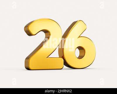 3D Darstellung der goldenen Zahl 26 oder sechsundzwanzig isoliert auf beigem Hintergrund mit Schatten. Für Bahn und Druck Stockfoto