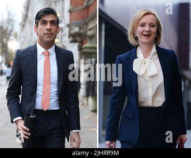 Undatierte Dateifotos von Rishi Sunak und Liz Truss, die es bis zu den letzten beiden im Tory-Leadership-Rennen geschafft haben, wobei Penny Mordaunt nach der Endrunde der Parlamentsabgeordneten aus dem Wettbewerb ausgeschieden ist. Ausgabedatum: Mittwoch, 20. Juli 2022. Stockfoto
