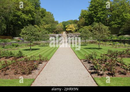Ein Kiesweg verläuft zwischen zwei grünen Rasenflächen, bevor es mehrere Treppen und terrassenförmige Gärten in den formalen Gärten eines englischen Graffs hinauf geht Stockfoto