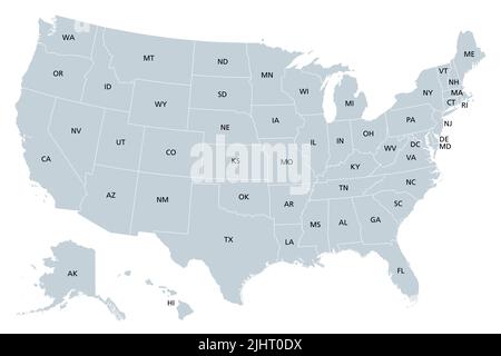 Vereinigte Staaten von Amerika, graue politische Landkarte. Fünfzig einzelne Staaten mit ihren eigenen geografischen Territorien und Grenzen, die in einer Union zusammengeschlossen sind. Stockfoto