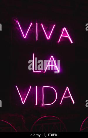 Anmelden Spanisch mit Neonlicht mit dem Text Viva la Vida. Leuchtreklame auf schwarzem Hintergrund. Helle Buchstaben. Ein pinkes Neonschild erleuchtete ein Zimmer. Stockfoto