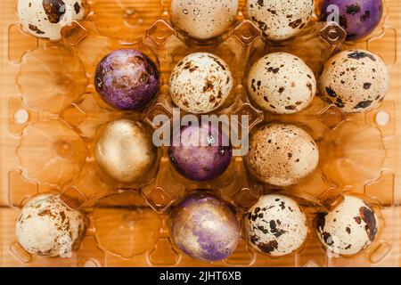 Wachtel bemalte ostereier in Plastikbehälter. Stockfoto