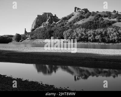 Devin Burgruine und Donau in der Slowakei in schwarz-weiß Stockfoto