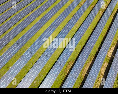Luftaufnahme von Reihen von Solarzellen in einem Feld Bauernhof instaked. Keine Personen. Stockfoto