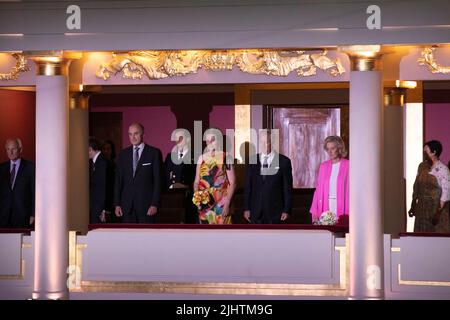 König Philippe - Filip von Belgien, Königin Mathilde von Belgien, Prinzessin von Belgien und Prinz Lorenz von Belgien, abgebildet während eines Konzerts am Vorabend des belgischen Nationaltages, Mittwoch, den 20. Juli 2022, in Bozar in Brüssel. BELGA FOTO HATIM KAGHAT Stockfoto