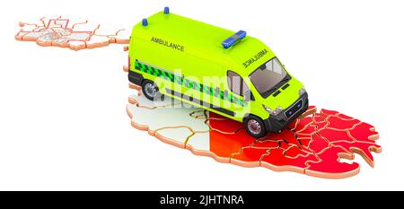 Medizinische Notdienste in Malta. Ambulance van auf der maltesischen Karte. 3D Darstellung isoliert auf weißem Hintergrund Stockfoto