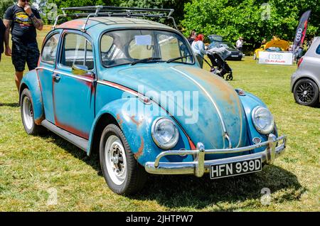 Front eines blauen 1966 VW Käfer, der auf der The Bukshire Motor Show in Reading, UK, renoviert werden muss Stockfoto