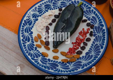 Zutaten aus Chile en Nogada, traditionelle mexikanische Küche in Puebla Stockfoto