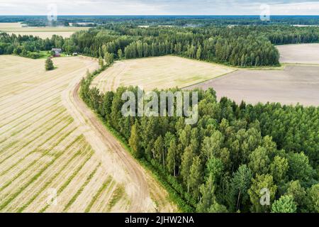 Ein Mosaik aus der Vogelperspektive der ländlichen Landschaft im Spätsommer mit Ackerfeldern und Wäldern in Estland, Nordeuropa Stockfoto