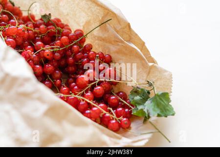 Draufsicht auf rote Johannisbeerbeeren in Papiertüte. Sommer gesunde Ernte Nahrung Stockfoto