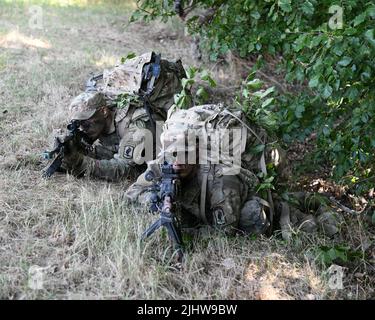 Fallschirmjäger der US-Armee aus Bulldog-Truppe, 1. Squadron (Airborne), 91. Kavallerie-Regiment, 173. Airborne während einer Situationsübung sorgen für Sicherheit bei der Bewegung ihrer Einheit auf dem Manöver-Trainingsbereich. Baumholder, Deutschland, 18. Juli 2022. (USA Armeefoto von Rüdiger Hess) Stockfoto