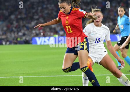 Brighton, Großbritannien. 20.. Juli 2022. Georgia Stanway, Sheila García in Aktion während des UEFA Women's Euro 2022 Gruppenspiel zwischen England und Spanien, Falmer Stadium, Brighton, England, 20.07.2022 - Bild ist für die Verwendung durch die Presse; Foto & Copyright © by STANLEY Anthony ATP images (STANLEY Anthony/ATP/SPP) Credit: SPP Sport Press Foto. /Alamy Live News Stockfoto