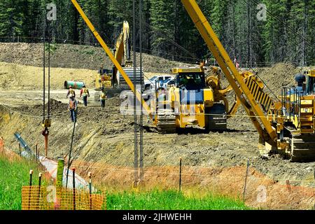 Installation des Rohres für die Transmountain-Pipeline im ländlichen Alberta, Kanada. Stockfoto