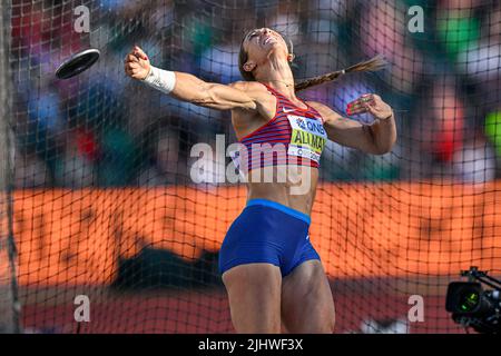 Eugene, Usa. 20.. Juli 2022. EUGENE, VEREINIGTE STAATEN - 20. JULI: Valarie Allman aus den USA tritt während der Leichtathletik-Weltmeisterschaften am 20. Juli 2022 in Eugene, Vereinigte Staaten (Foto: Andy Astfalck/BSR Agency) Atletiekunie Credit: Orange Pics BV/Alamy Live News Stockfoto