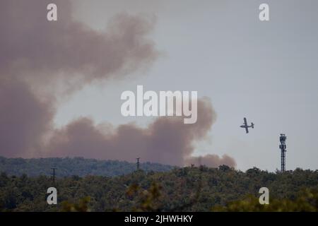 Triest, Italien. 20.. Juli 2022. Ein Canadair-Löschflugzeug nähert sich einem großen Waldbrand, der in der Nähe von Triest wütet. Seit Sonntag, als ein großes Waldfeuer in der slowenischen Karstregion direkt über die Grenze ausbrach, sind in der Region Waldbrände ausgebrochen. Kredit: SOPA Images Limited/Alamy Live Nachrichten Stockfoto