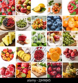 Collage mit vielen verschiedenen reifen Früchten und Beeren Stockfoto