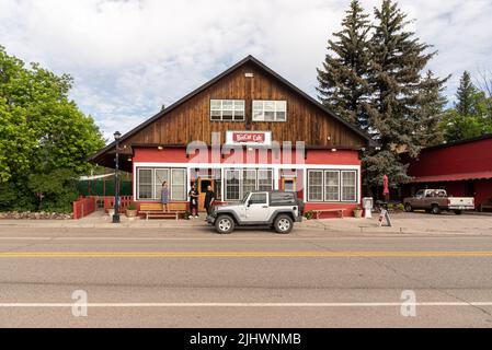 Das Boxcar Cafe im Dorf Chama, New Mexico. Stockfoto