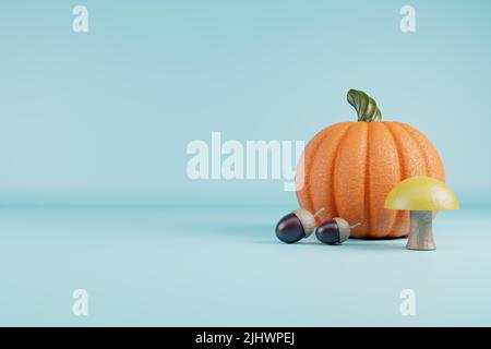 Happy Thauhksgiving Tag Kürbis mit Eicheln und Pilz auf blauem Hintergrund 3D Render. Stockfoto