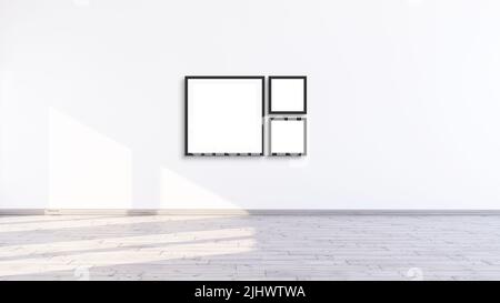 Drei leere quadratische schwarze Rahmen-Modell in weißem Raumdesign, 3 leere moderne Rahmen für Galerie-Wand-Modell, 3D Abbildung weiße Wand rendern Stockfoto