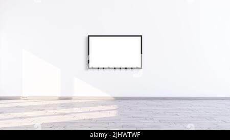 Leerer horizontaler schwarzer Rahmen im weißen Innenraumdesign mit Holzeichenboden, leerer moderner Rahmen für Drucke, Wandmockup, 3D Illustration. Stockfoto