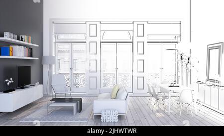 Zeichnung Linien Skizze zu realistisch, 3D Rendering von modernen Wohnzimmer Innenarchitektur mit realistischen Rendering und Drahtmodell, architektonische Visualisierung Stockfoto