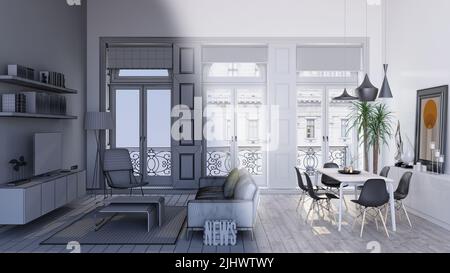 3D Rendering der modernen Interieur Wohnzimmer Design mit kontrastierenden realistischen Rendering und Drahtmodell, Zeichnung Linie Skizze zu realistischen Visualisierung Stockfoto